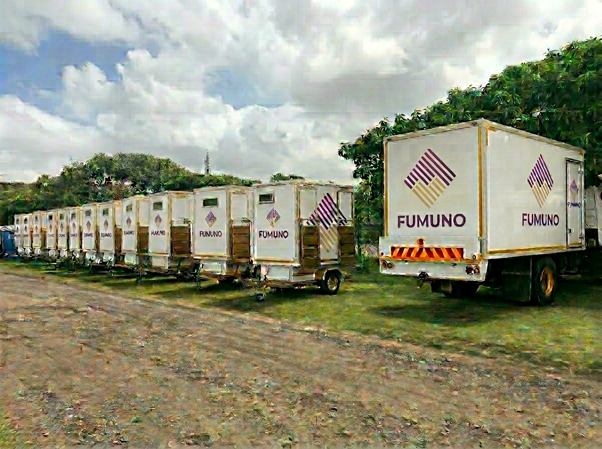 Fumuno-branded mobile toilet fleet and septic tanker lined up at a Gauteng event site